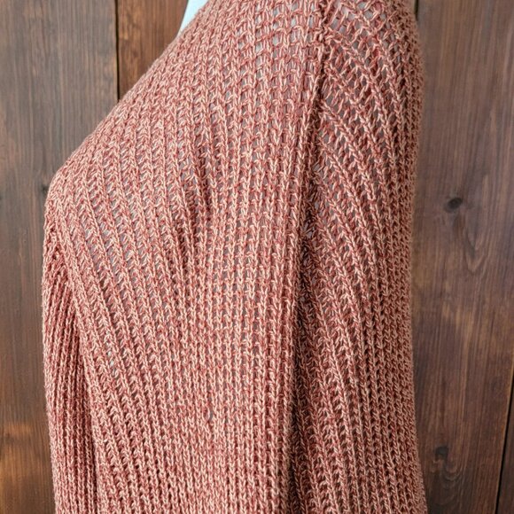 Billabong Women L Russet Open Knit Cardigan 100% Cotton Long Duster Pockets Cozy - Picture 5 of 11